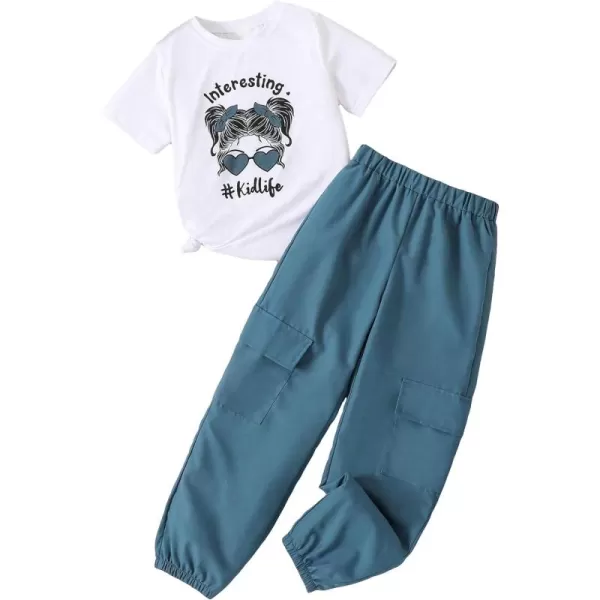 Floerns Girl's 2 Piece Outfit Printed Short Sleeve Tee Shirt Flap Pocket Pants Set