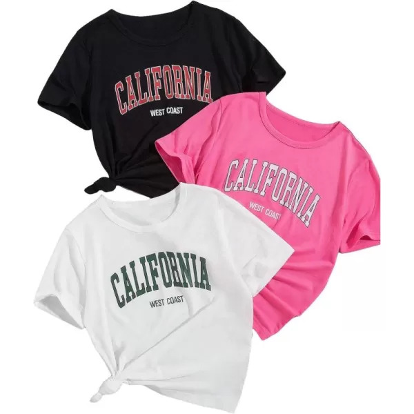 Floerns Girl's 3 Pcs Graphic Print Short Sleeve Crewneck Casual Tee Shirt