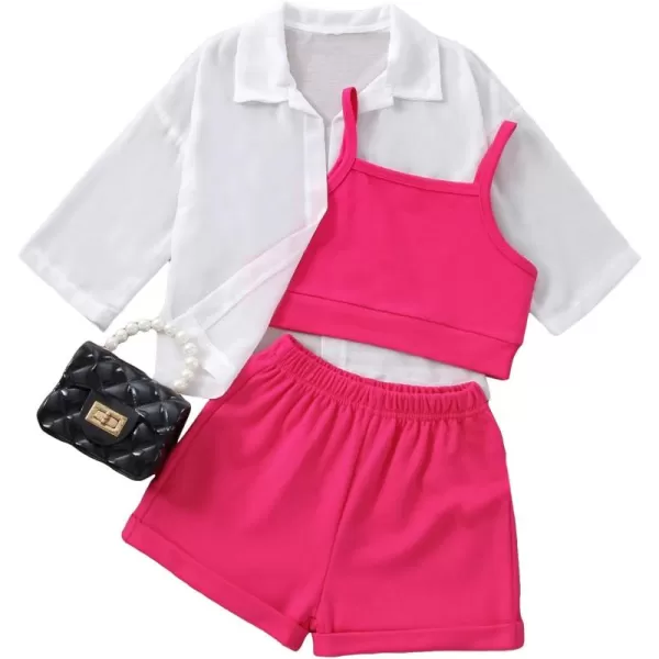 Floerns Girls 3 Piece Outfit Solid Cami Top Shorts Set with Button Down Shirt