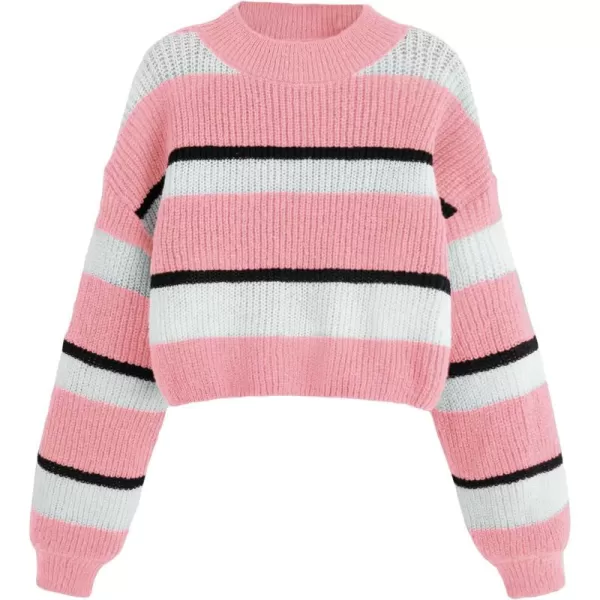 Floerns Girl's Long Sleeve Colorblock Striped Print Drop Shoulder Crop Sweater
