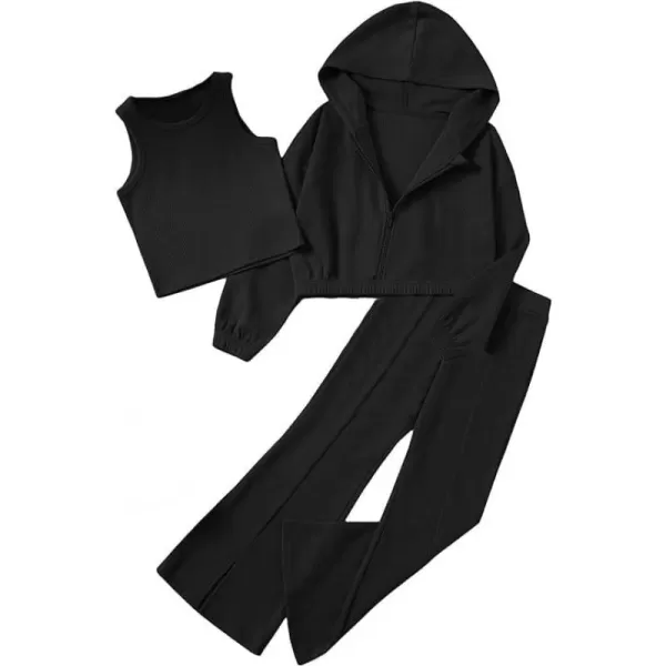 Floerns Girls Long Sleeve Hoodie Tank Split Flare Pants Set Three Piece Outfit