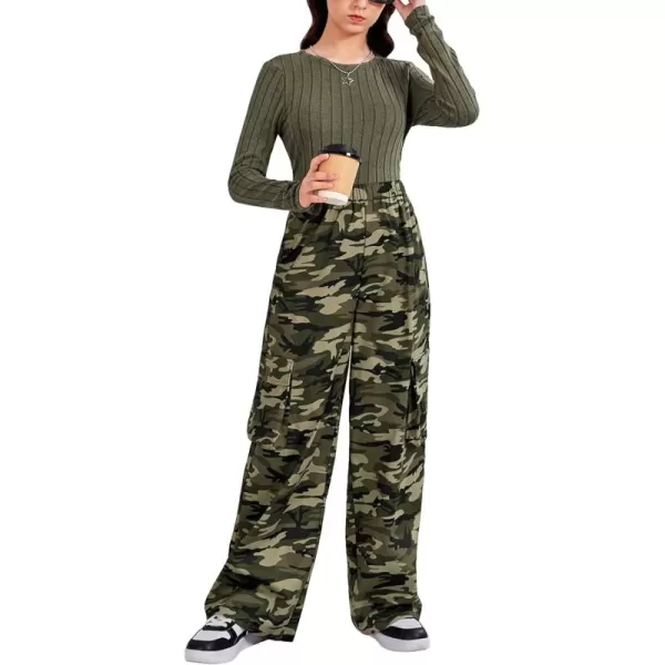 Floerns Girl's Long Sleeve Tee Shirt with Camo Print Pants Set 2 Piece Outfit