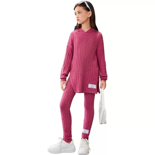 Floerns Girls Rib Knit Hooded Long Sleeve Tee Shirt Leggings Two Piece Outfit