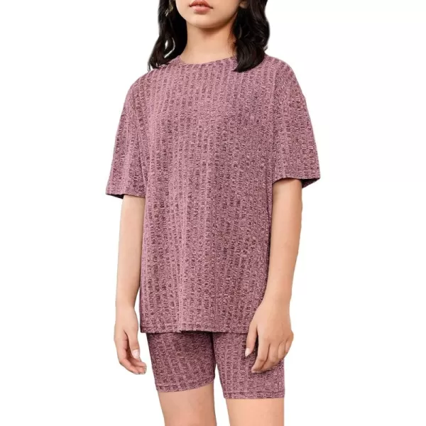 Floerns Girls Rib Knit Short Sleeve T Shirt with Biker Shorts Set 2 Piece Outfit