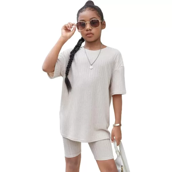 Floerns Girls Rib Knit Short Sleeve T Shirt with Biker Shorts Set 2 Piece Outfit