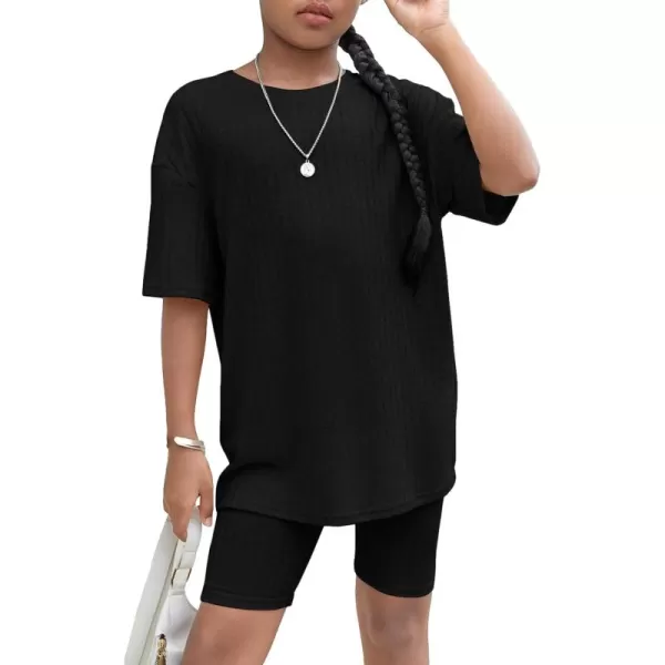 Floerns Girls Rib Knit Short Sleeve T Shirt with Biker Shorts Set 2 Piece Outfit