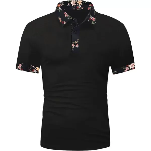Floerns Men's Floral Collar Contrast Short Sleeve Button Front Polo Shirt