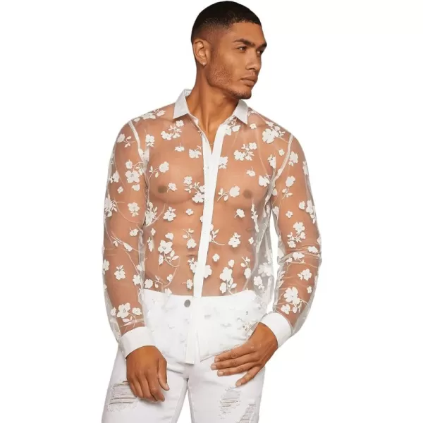Floerns Men's See Through Long Sleeve Button Front Collar Neck Mesh Shirt Top