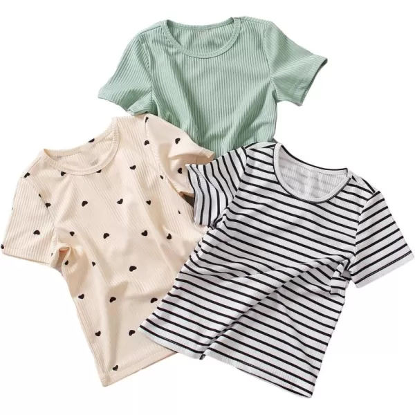 Floerns Toddler Girls 3 Pcs Ribbd Knit Graphic Striped Print Crewneck Short Sleeve Tee Shirt Top