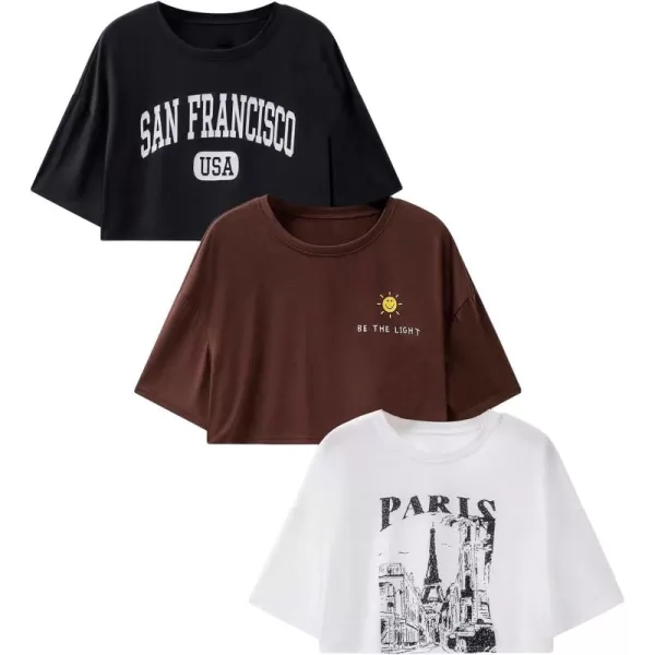 Floerns Women's 3 Pcs Graphic Print Short Sleeve T Shirt Drop Shoulder Tee