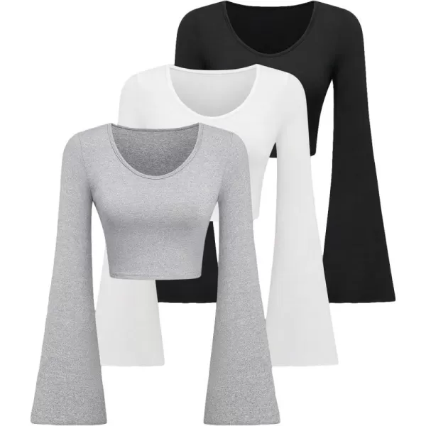 Floerns Women's 3 Pcs Solid Scoop Neck Flare Long Sleeve Stretchy Cropped Tee Shirt