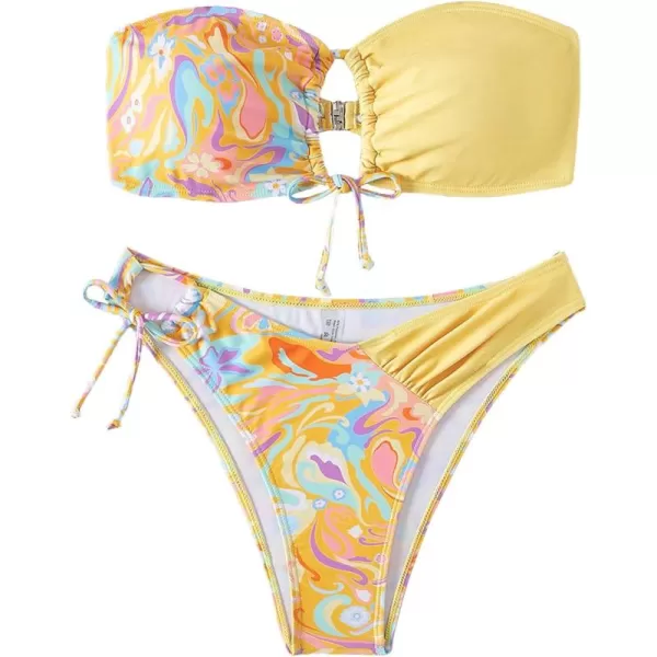 Floerns Women's All Over Print Tube Bandeau Bralette Tie Side Bikini Swimwear