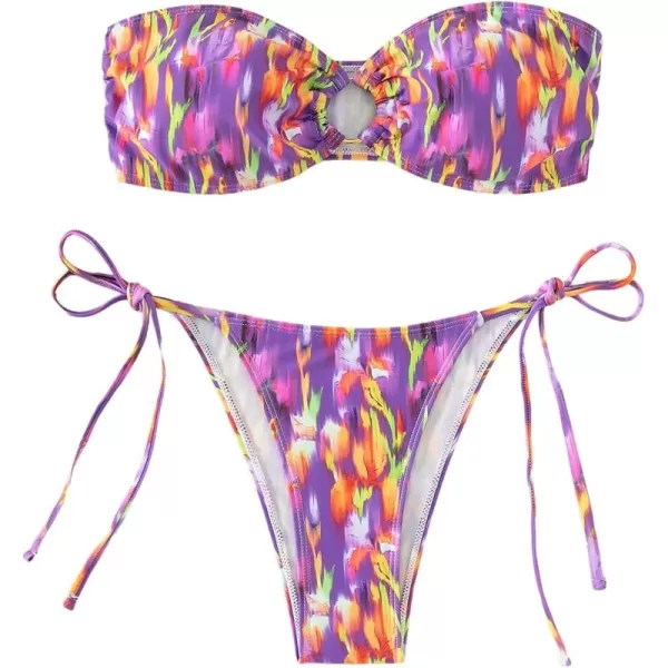 Floerns Women's All Over Print Tube Bandeau Bralette Tie Side Bikini Swimwear