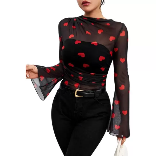 Floerns Women's Allover Heart Print Contrast Mesh Flare Long Sleeve Blouse Top