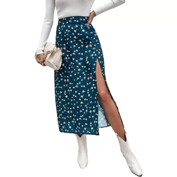Floerns Women's Boho Floral High Waist Split A Line Midi Skirt