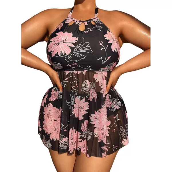 Floerns Women's Boho Floral Print Cut Out Contrast Mesh Halter Bikini Swimsuit