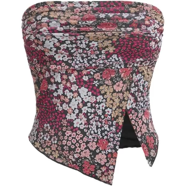 Floerns Women's Boho Floral Print Strapless Mesh Tube Top Split Hem Crop Top