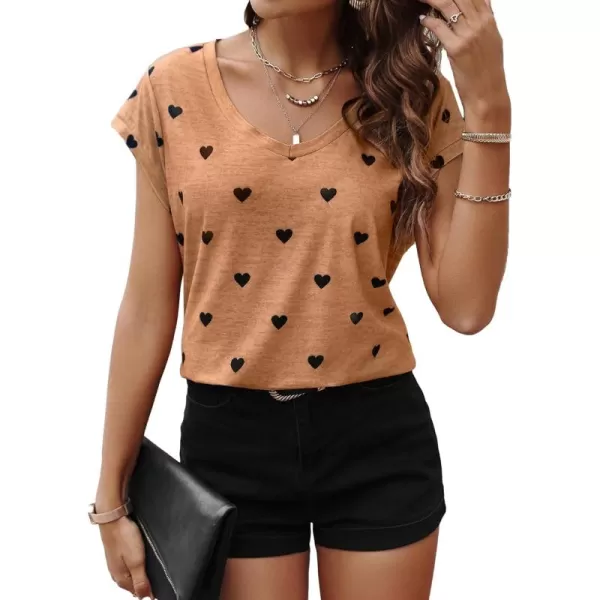 Floerns Women's Casual Heart Print V Neck Flare Short Sleeve Tee Shirts Top