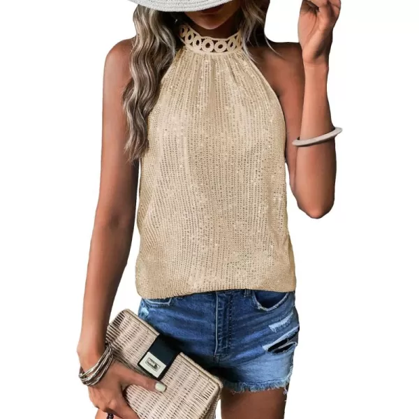 Floerns Women's Casual Shiny Sequin Tie Back Lace Halter Neck Sleeveless Tank Top