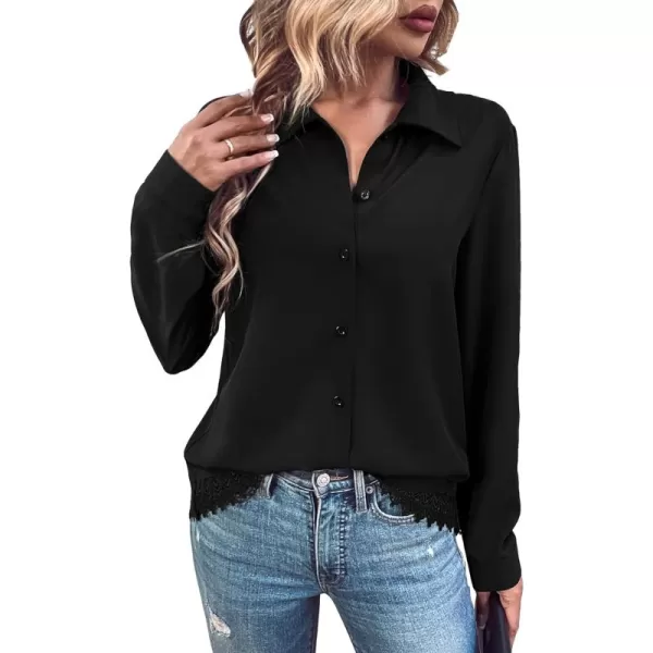 Floerns Women's Contrast Lace Long Sleeve Button Down Lapel Collar Shirt