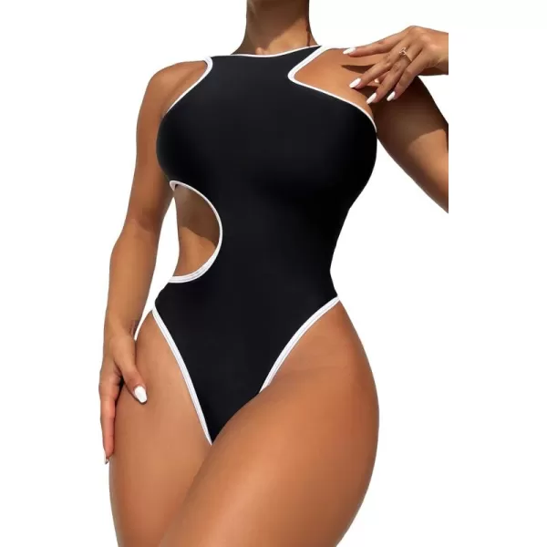 Floerns Women's Cut Out Contrast Binding Monokini High Neck One Piece Swimsuit