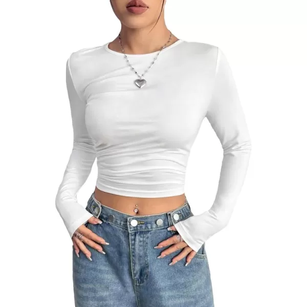 Floerns Women's Drawstring Side Ruched Solid Crewneck Fitted Long Sleeve Crop Top