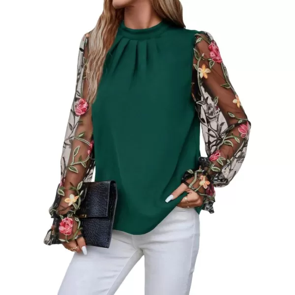 Floerns Women's Floral Embroidery Mesh Mock Neck Flare Long Sleeve Blouse Top