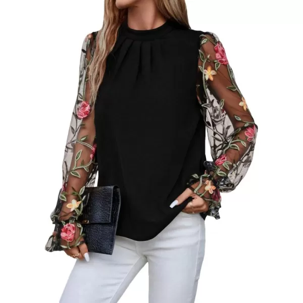 Floerns Women's Floral Embroidery Mesh Mock Neck Flare Long Sleeve Blouse Top