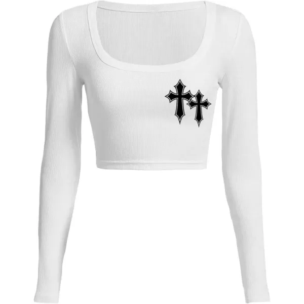 Floerns Women's Halloween Print Scoop Neck Long Sleeve Y2k Crop Tops Tee Shirt