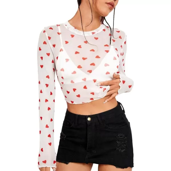 Floerns Women's Heart Print Sheer See Through Crewneck Long Sleeve Crop Tee Shirts