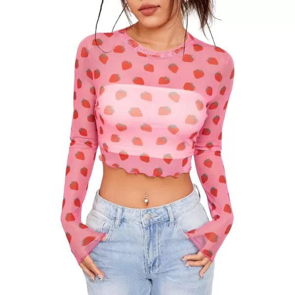 Floerns Women's Heart Print Sheer See Through Crewneck Long Sleeve Crop Tee Shirts