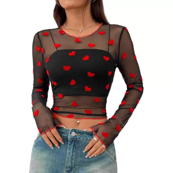 Floerns Women's Heart Print Sheer See Through Crewneck Long Sleeve Crop Tee Shirts