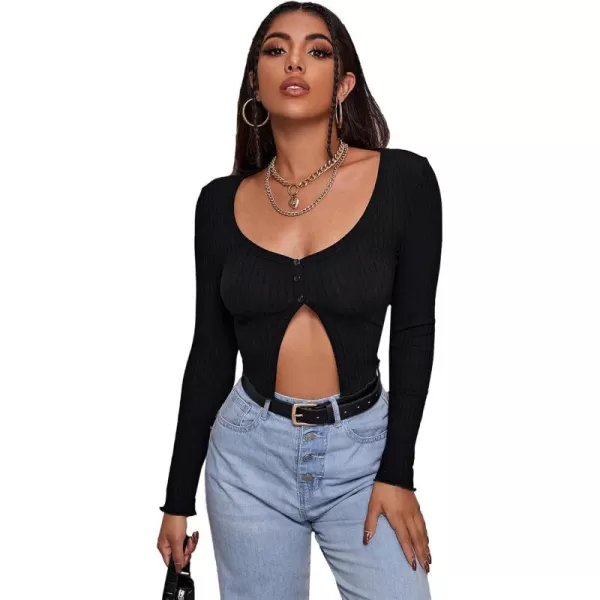 Floerns Women's Long Sleeve V Neck Button Front Asymmetrical Hem Crop Top T Shirt