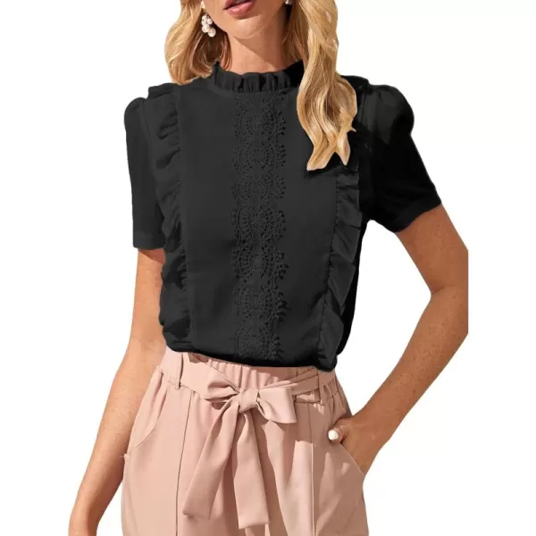 Floerns Women's Mock Neck Puff Sleeve Guipure Lace Ruffle Chiffon Blouse Top