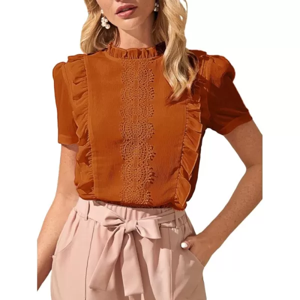 Floerns Women's Mock Neck Puff Sleeve Guipure Lace Ruffle Chiffon Blouse Top