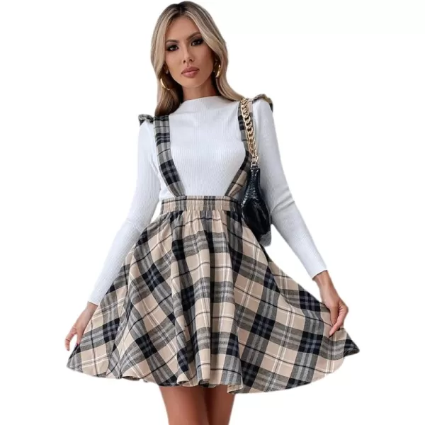 Floerns Women's Plaid Print Ruffle Trim Suspender Skirt Pinafore Overall Dress