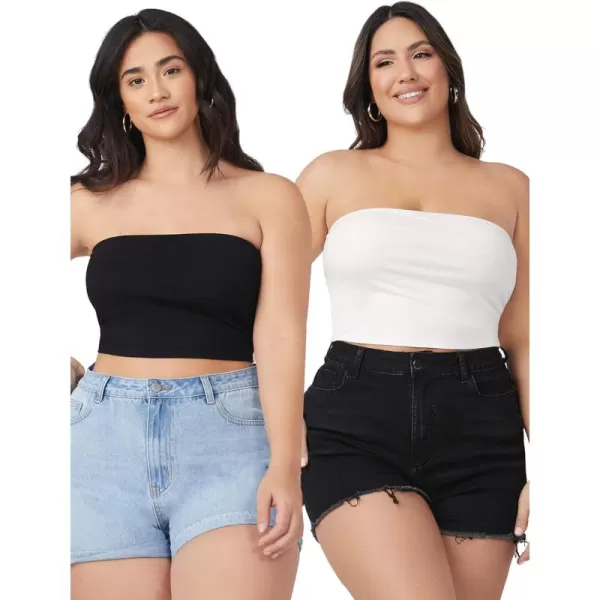 Floerns Women's Plus Size 2 Piece Solid Strapless Bandeau Crop Tube Top