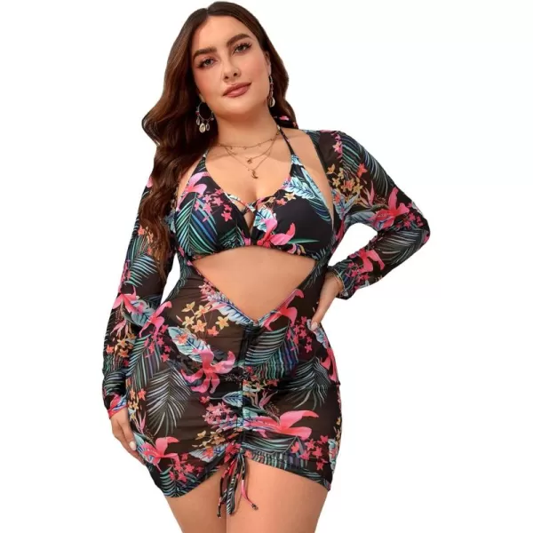 Floerns Women's Plus Size 3 Piece Floral Print Halter Bikini Swimsuit with Cover Up