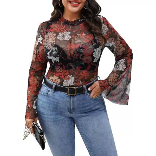 Floerns Women's Plus Size Allover Floral Print Sheer Flounce Long Sleeve Blouse Top