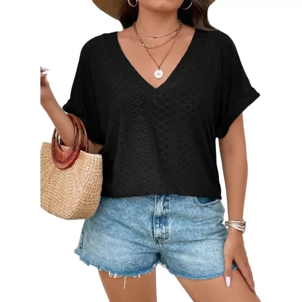 Floerns Women's Plus Size Eyelet Flare Short Sleeve Loose Fit V Neck Tee Shirts