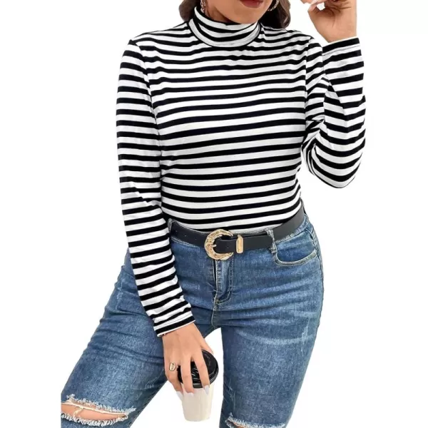 Floerns Women's Plus Size Striped Print High Neck Long Sleeve Casual Tee Shirt