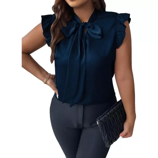 Floerns Women's Plus Size Tie Neck Ruffle Trim Cap Sleeve Work Blouse Top