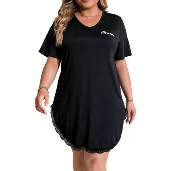 Floerns Women's Plus V neck Short Sleeve Heart Letter Graphic Contrast Lace Sheer Without Liner Nightdress Sleepwear