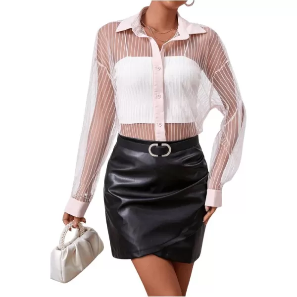 Floerns Women's Sheer Drop Shoulder Blouse Long Sleeve Collar Button Loose Shirts Tops