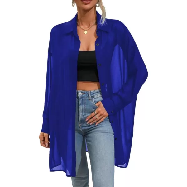 Floerns Women's Sheer Drop Shoulder Blouse Long Sleeve Collar Button Loose Shirts Tops
