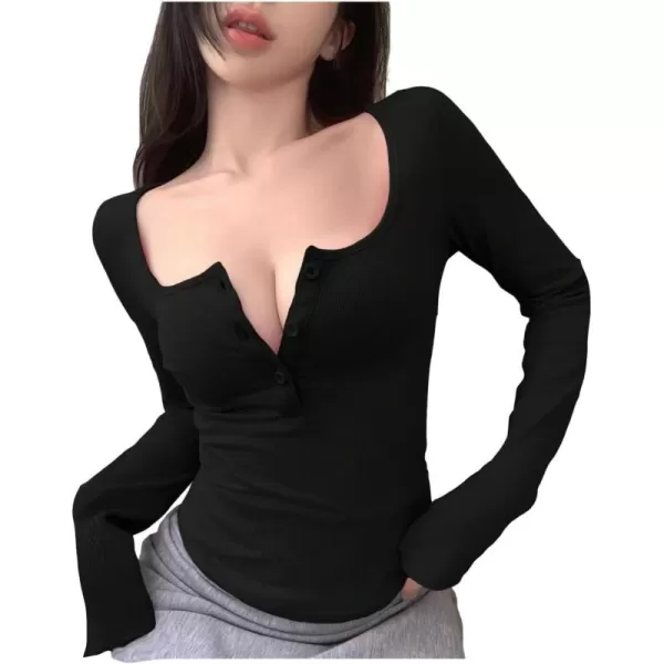 Floerns Women's Solid Long Sleeve Scoop Neck Button Front Slim Fit Tee Shirt