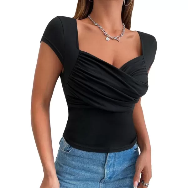 Floerns Women's Solid Sweetheart Ruched Wrap Asymmetrical Hem Cap Sleeve T Shirt
