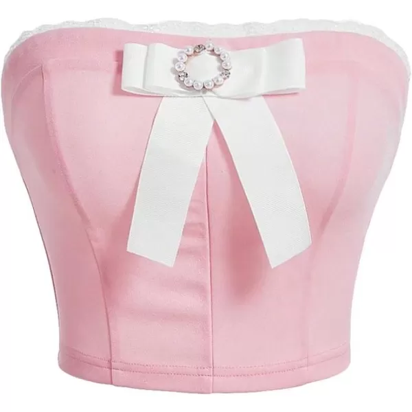 Floerns Women's Strapless Bow Front Contrast Lace Pearls Rhinestone Corset Tube Crop Top