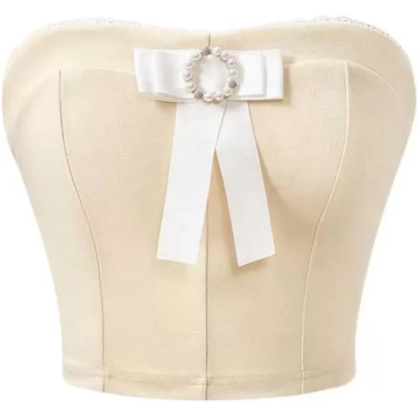 Floerns Women's Strapless Bow Front Contrast Lace Pearls Rhinestone Corset Tube Crop Top