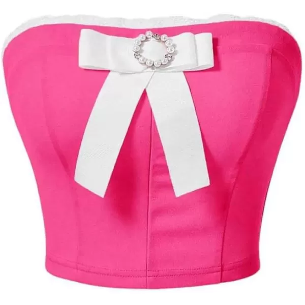 Floerns Women's Strapless Bow Front Contrast Lace Pearls Rhinestone Corset Tube Crop Top